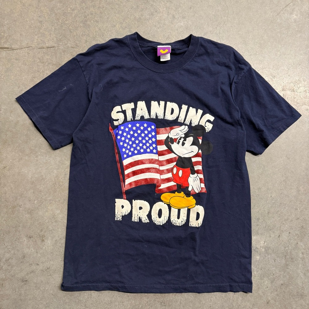 Disney Mickey Mouse Proud American Flag Navy Blue T-Shirt Large USA Made
